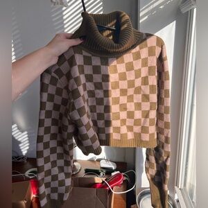 12th Tribe Brown and Pink Checkered Turtleneck Sweater